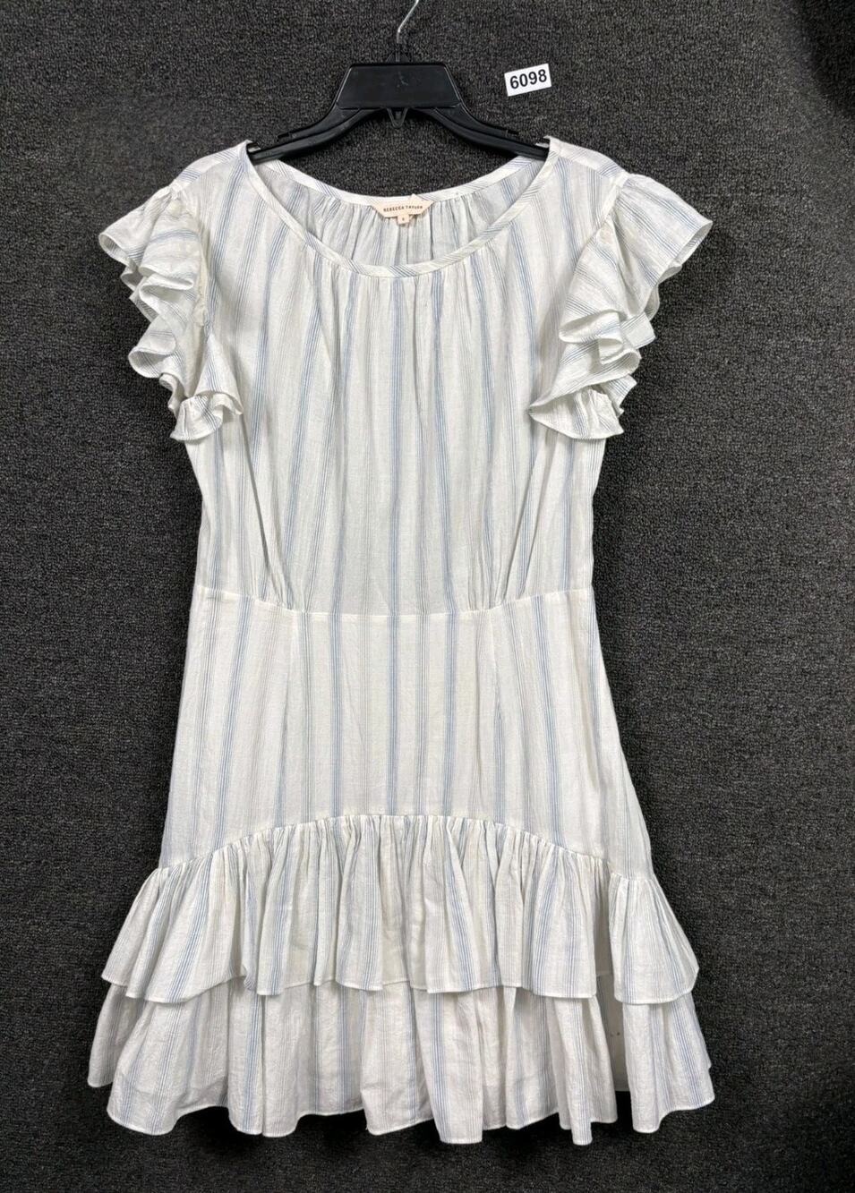 Rebecca Taylor Yarn Dyed Striped Ruffle Mini Dress Womens Size 6 White Blue